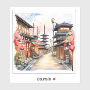 Sticker Aquarelle de printemps cosy de la rue du Japon
