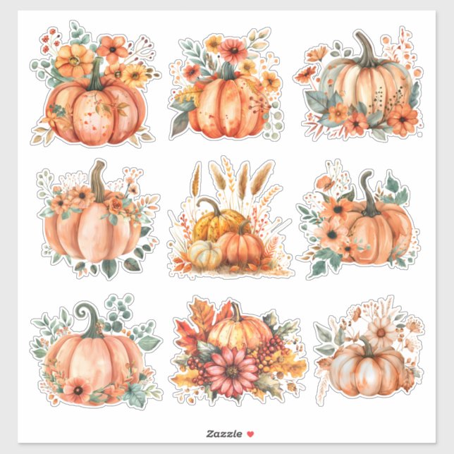 Sticker Aquarelle de récolte d'or Citrouille & Floral (Feuille)