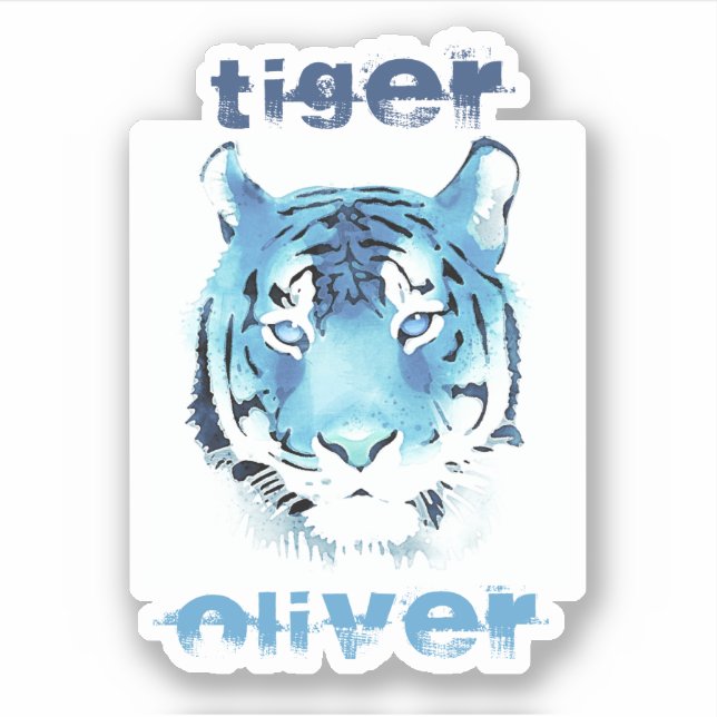 Sticker Aquarelle de tête de tigre bleu Nom (Devant)