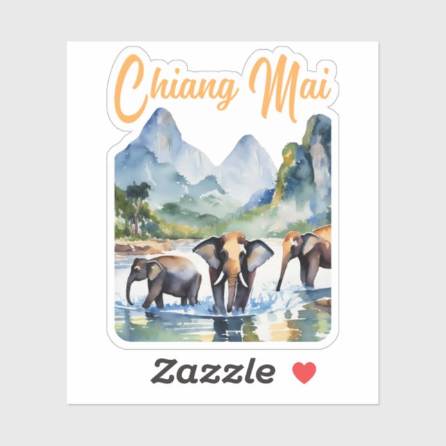 Sticker Aquarelle des éléphants de Chiang Mai (Feuille)