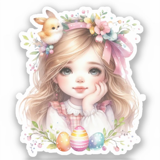 Sticker Aquarelle fille Pâques (Recto)