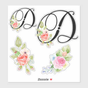 Sticker Aquarelle Florale Script Monogramme Lettre D