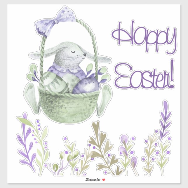 Sticker Aquarelle Lavender Lapin de Pâques Blanc ou clair (Feuille)