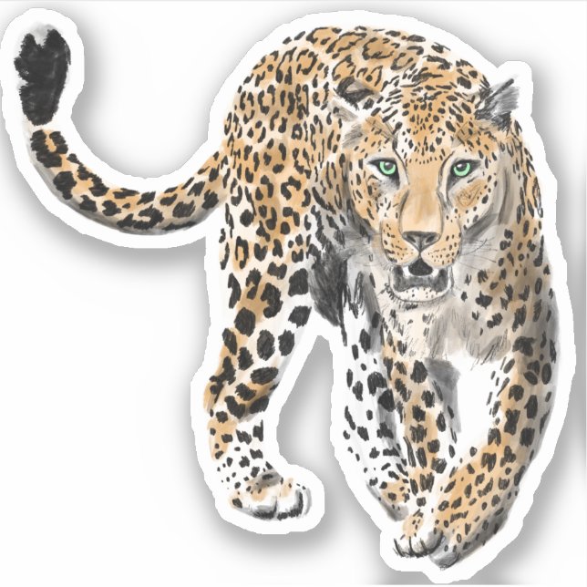 Sticker aquarelle léopard jungle chat peint vert animal (Devant)