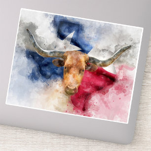 Sticker Aquarelle Longhorn du Texas avec carte du drapeau