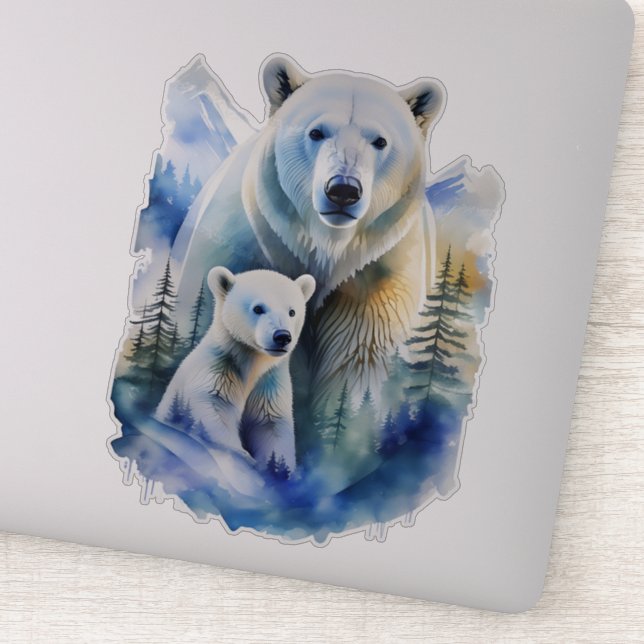 Sticker Aquarelle maman et bébé ours polaires (Détail)