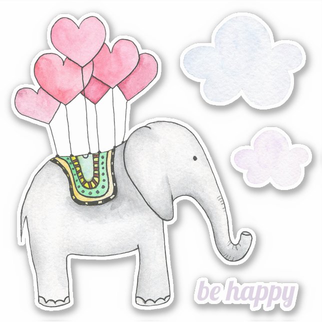 Sticker Aquarelle mignon éléphant et coeurs. Enfants anima (Devant)