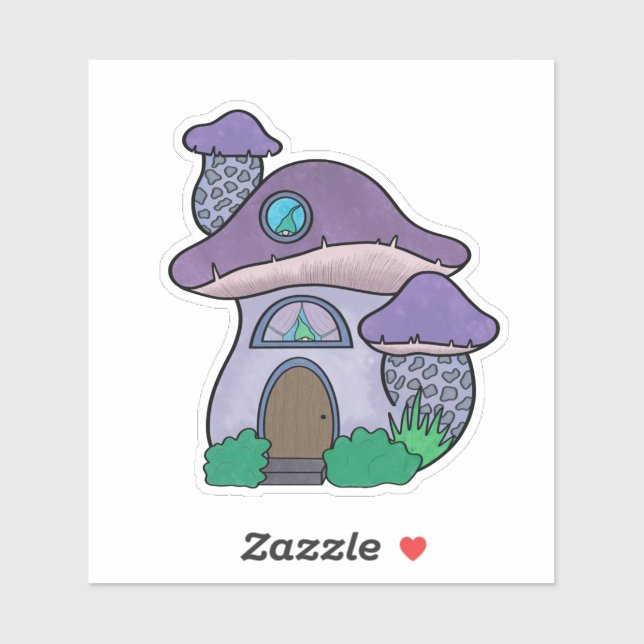 Sticker Aquarelle mignonne pourpre Gnome Maison de champig (Feuille)