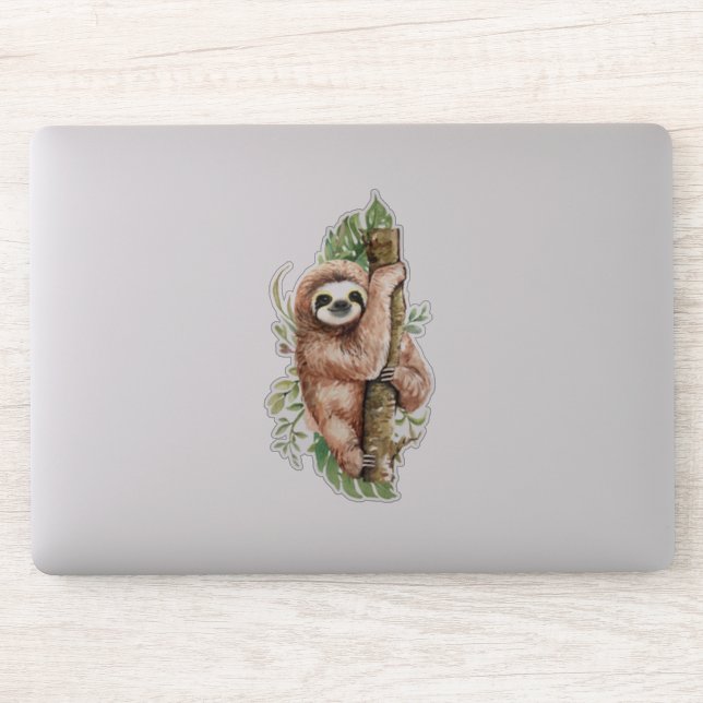 Sticker Aquarelle mignonne Sloth & Feuilles tropicaux (Ordinateur)