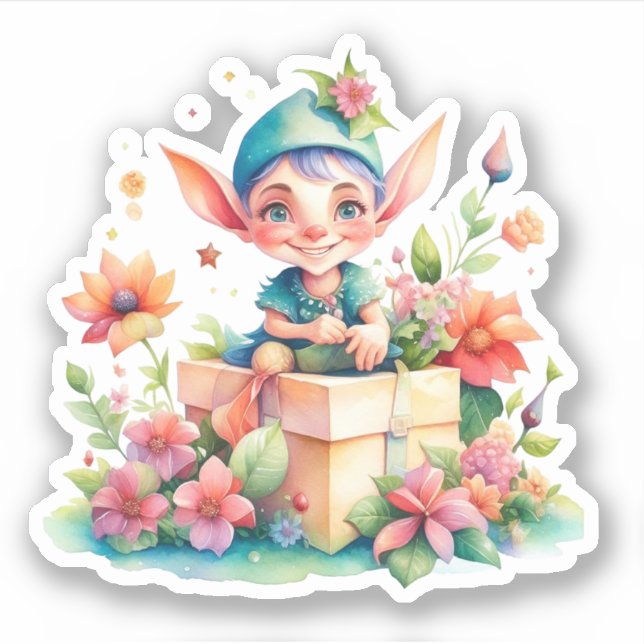 Sticker Aquarelle mignonne Whimsical Elf de Noël (Devant)