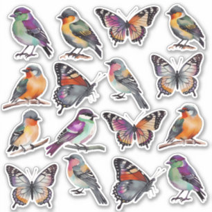 Sticker Aquarelle multicolore rustique Oiseaux et papillon