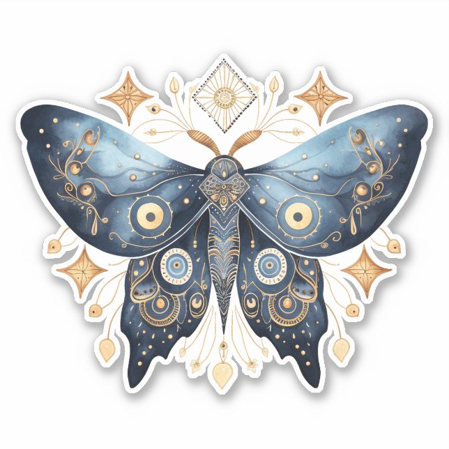 Sticker Aquarelle mystique Bleu et doré Night Moth (Devant)
