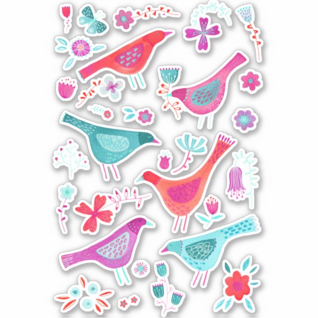 Sticker Aquarelle Oiseaux et fleurs (Devant)