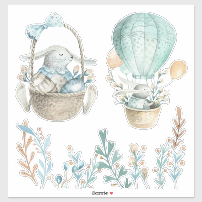 Sticker Aquarelle Pâques Paniers Blanc ou Clair (Feuille)