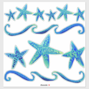 Sticker Aquarelle Plage Décor Côtier Starfish n Waves