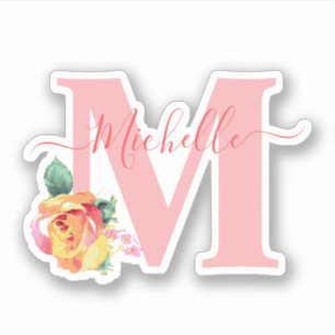 Sticker Aquarelle Rose Florale Lettre initiale Monogramme