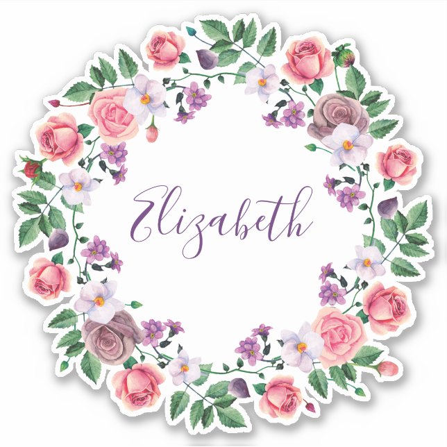 Sticker Aquarelle rose roses couronne. Nom floral pourpre (Devant)