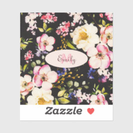 Sticker Aquarelle rose Roses jaunes sur noir, Monogramme
