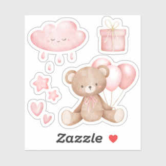 Sticker Aquarelle rose Teddy Ours moderne Whimssique mou