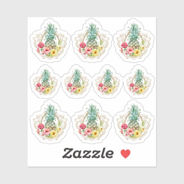 Sticker Aquarelle Tropicale Ananas & Hibiscus Fleurs (Feuille)