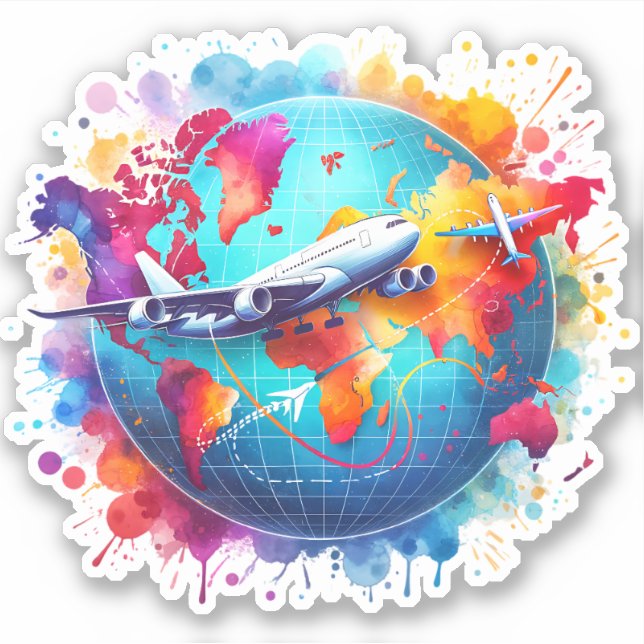 Sticker Aquarelle Voyageons dans le monde (Devant)