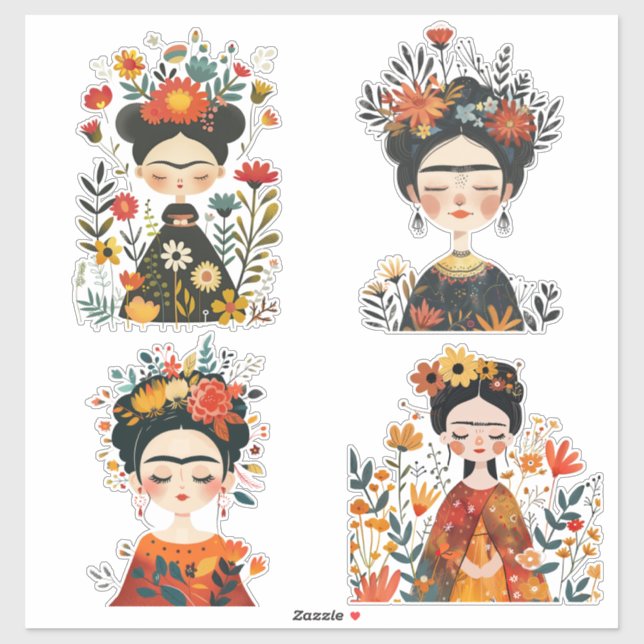 Sticker Aquarelle Whimsical Frida Kahlo Illustrations (Feuille)
