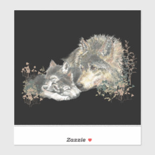 Sticker Aquarelle Wolf Maman ou papa avec des petits