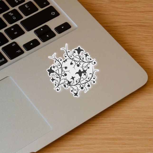 Sticker Arrondi de jolies fleurs Abstraites noires (Black abstract flowers in round cluster on black stems on vinyl sticker.)