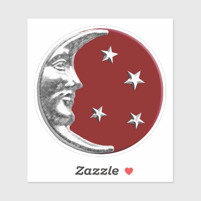 Sticker Art Déco Lune et étoiles - Rouge foncé et argent (Feuille)