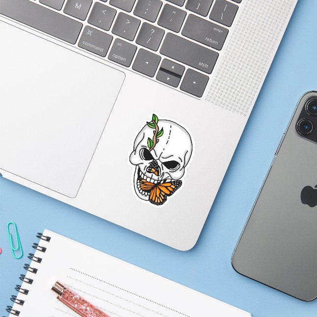 Sticker Art numérique crâne et papillon (Ordinateur portable avec iPhone)