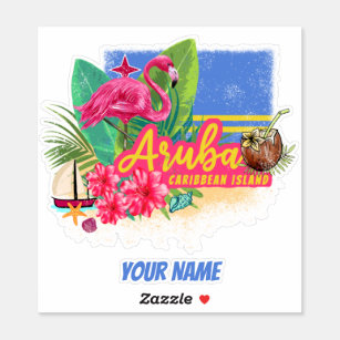 Sticker Aruba Retro Caraïbes île avec Flamant rose Vintage