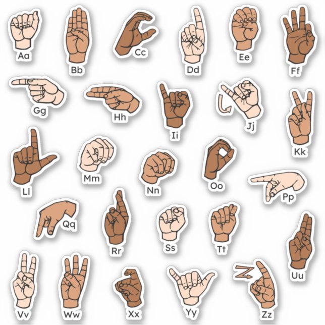 Sticker ASL Alphabet ABC Tons de peau Signes main (Devant)