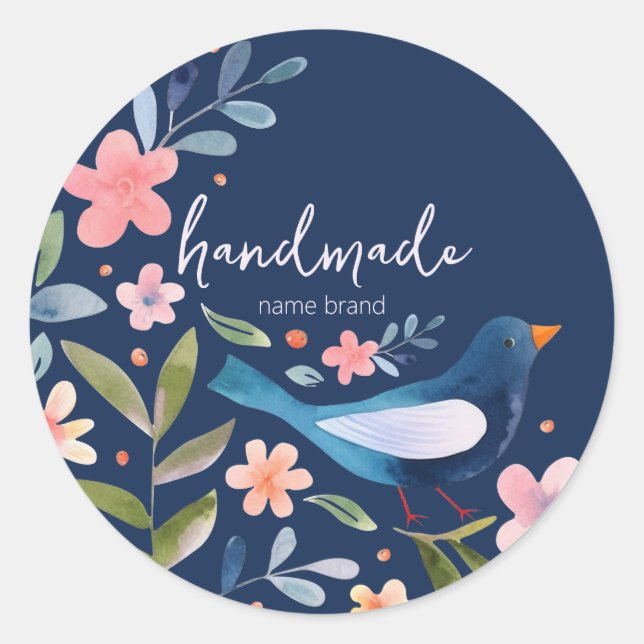 Sticker avec oiseaux et fleurs sur fond bleu foncé (Devant)