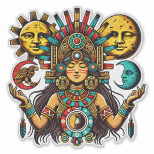 Sticker Aztec Indian woMan princesse lune de soleil Art po