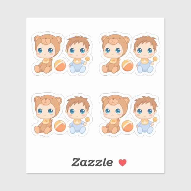 Sticker Baby Boy Twins Bear Jumpsuit Set de 4 (Feuille)