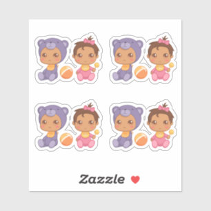 Sticker Baby Girl Twins Purple Bear Jumpsuit Set 4 Stic