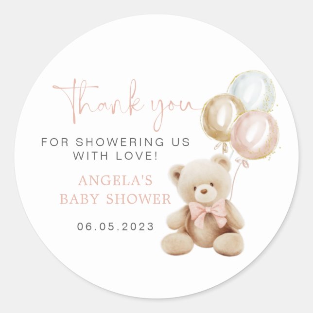 Sticker Baby shower fille ours en peluche (Devant)