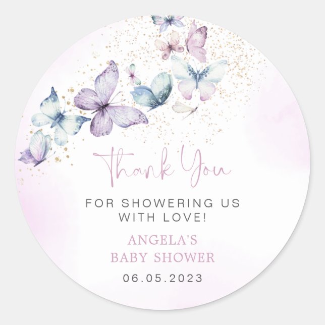 Sticker Baby shower papillon violet (Devant)