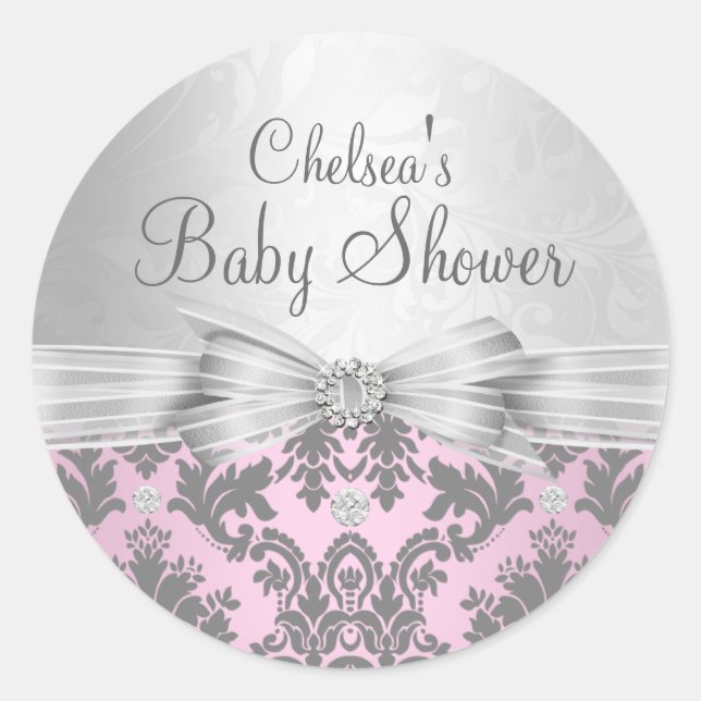 Sticker Baby shower rose et argent Damask (Devant)