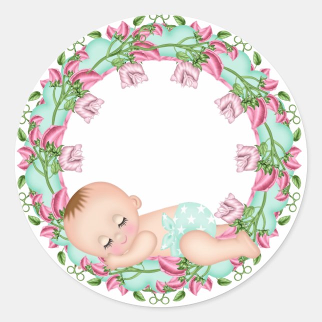 Sticker Baby shower rose et vert avec Baby floral (Devant)