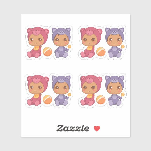 Sticker Baby Twins Bear Chat Jumpsuit Ensemble de 4 Sticke (Feuille)