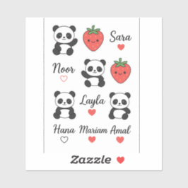 Sticker Baguette Coeur Panda, fraise et nom personnalisé
