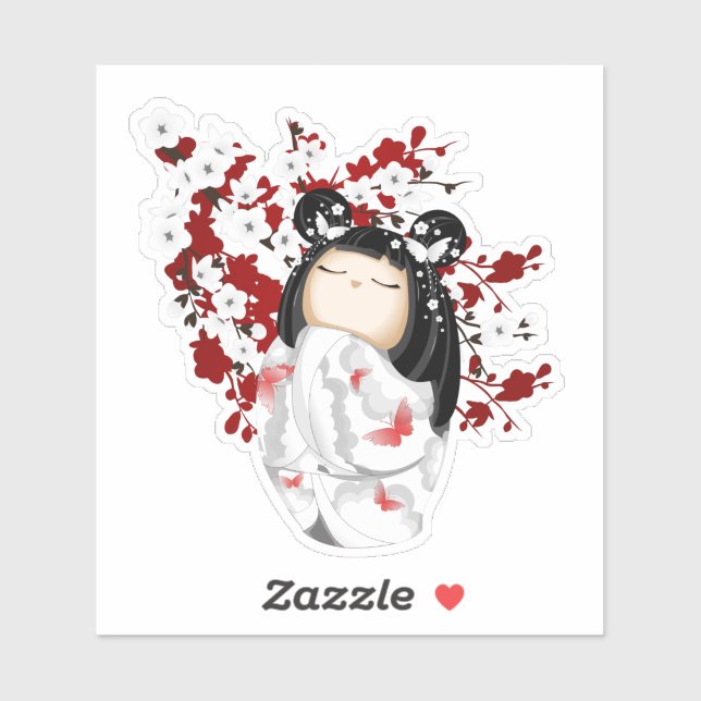 Sticker Baguette Kokeshi Poupée Rouge Noir Blanc Cerisier  (Feuille)