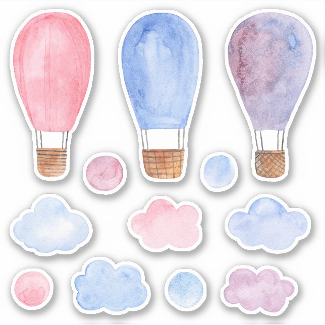 Sticker Ballon à air chaud aquarelle. Rose, bleu et violet (Devant)