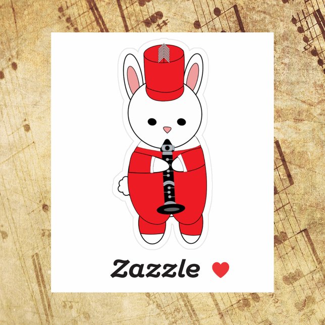 Sticker Bande de Marquage de lapin Clarinet Rouge Blanc (A die cut sticker of a rabbit playing the clarinet in a red and white marching band uniform.)