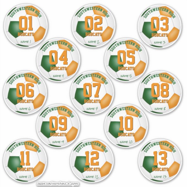 Sticker banquet vert orange soccer faveurs jeu de 13 (Devant)