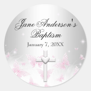 Sticker Baptême croisé papillon en argent rose
