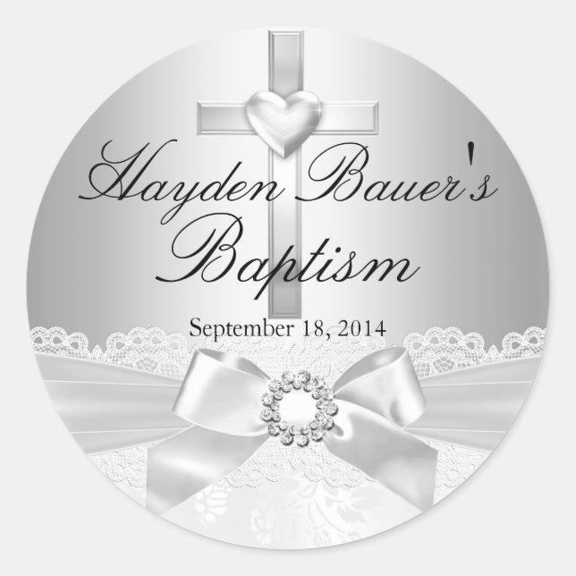 Sticker Baptême en argent croisé et dentelle (Devant)