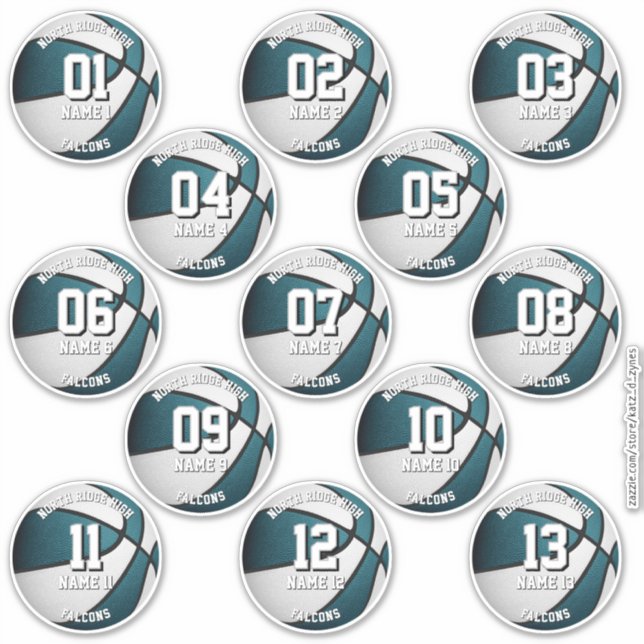 Sticker Basket blanc turquoise 13 noms des membres de l'éq (Devant)