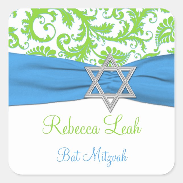 Sticker Bat mitzvah bleu, blanc, vert Damask (Devant)